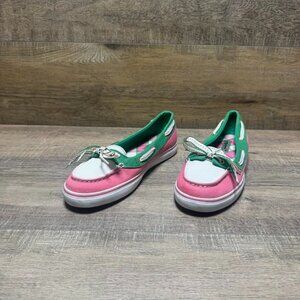 Sperry Pink/Green/White Leather Canvas Boat Shoes Women's Size 9